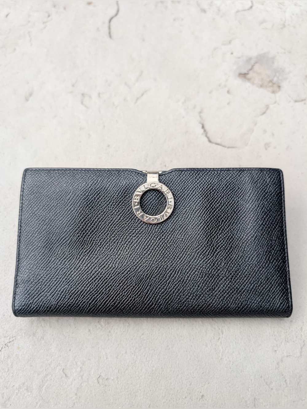 Bulgari Black Leather Wallet with Silver Circular Logo